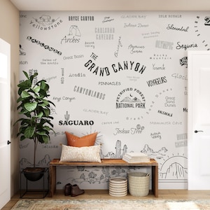 National Parks Peel & Stick Wall Mural - Black and White Name of Parks Removable Wallcover - Nature Reserve Self Adhesive Wallpaper WM100