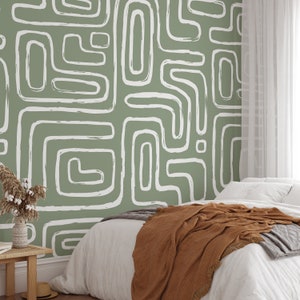 Olive Green Abstract Line Self Adhesive Wallpaper - Peel and Stick Boho Style Mural Decor - Scandinavian Design Removable Wall Decal W008