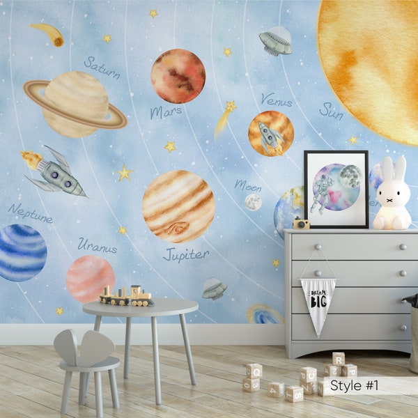 Pastel Blue Pink Solar System with Planets Self Adhesive Wall Mural - Kids Room Removable Сosmic Decal - Galaxy Peel & Stick Wallpaper WM080