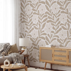 Beige Floral Peel and Stick Wallpaper - Botanical Boho Removable Wall Decal - Neutral Flowers Self Adhesive Wall Mural W141