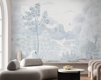 Pastel Blue Japanese Swan Wall Mural - Neutral Chinoiserie Botanical Landscape Peel and Stick Wallpaper WM127
