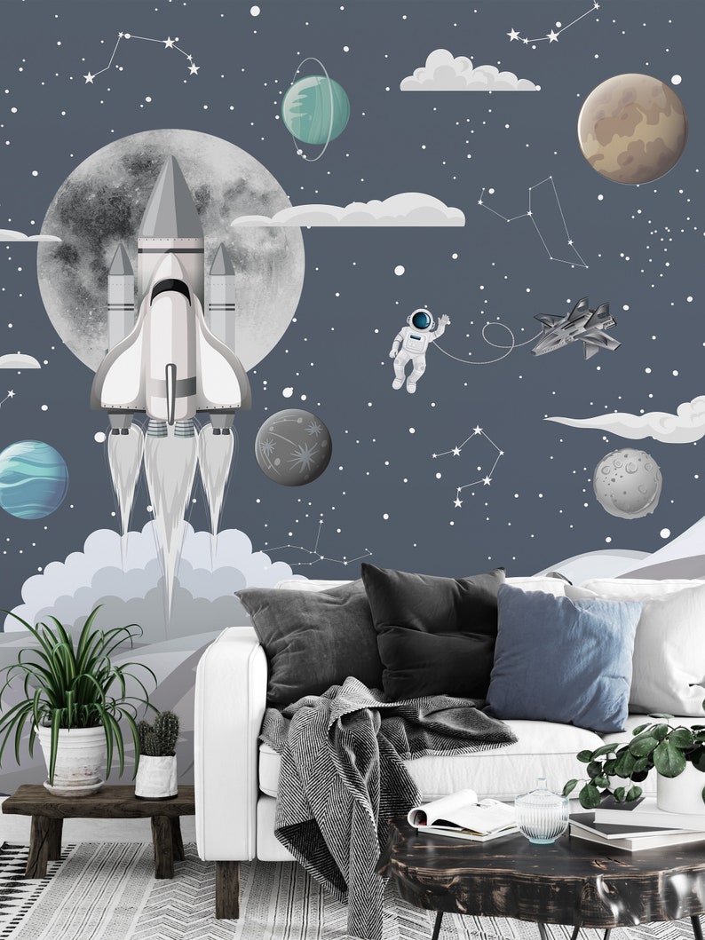 Space Rocket Ship Nursery Wall Mural - Planets Moon Kids Room Astronaut ...