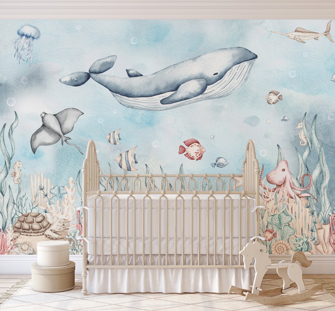 Sea Animals Nursery Wall Mural - Watercolor Ocean Whale Jellyfish Peel ...