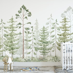 Green Watercolor Pine Trees Peel & Stick Wall Mural - Fairy Forest Kids Nursery Removable Decal - Self Adhesive Woodland Wallpaper WM095