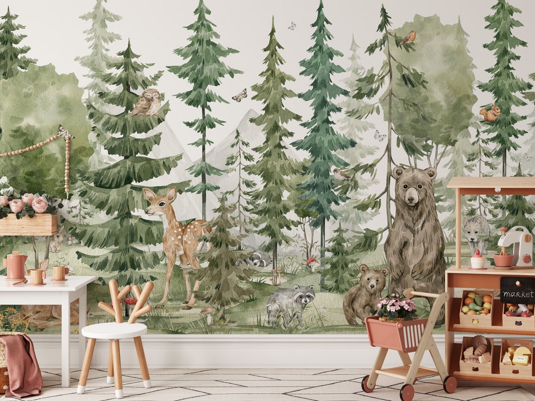 Woodland Nursery Wallpaper - Forest Animals Watercolor Fairy Forest ...