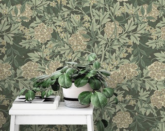 Vintage Green Beige Jasmine Flowers William Morris Peel & Stick Wallpaper - Antique Removable Decal - Self Adhesive Victorian Style W109