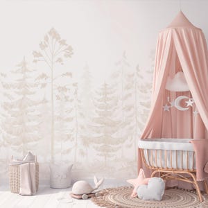 Beige Watercolor Pine Trees Peel & Stick Wall Mural - Fairy Forest Kids Nursery Removable Decal - Self Adhesive Woodland Wallpaper WM097