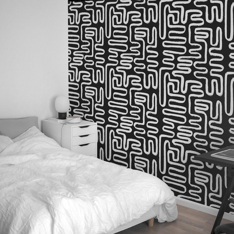 Buy Black & White Boho Line Peel and Stick Wallpaper Abstract Stripes