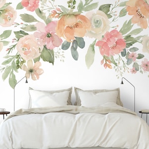 Watercolor Peonies Floral Removable Mural - Pastel Greenery Peel and Stick Kids Nursery Wall Decal - Self Adhesive Flowers Wallpaper WM005