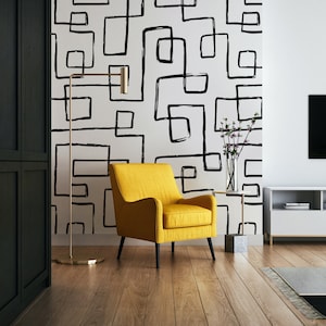 Black Abstract Line Self Adhesive Wallpaper - Peel and Stick Boho Style Mural -Scandinavian Black and White Design Removable Wall Decal W016