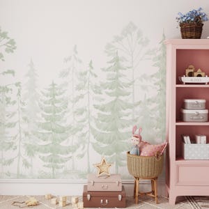 Soft Green Watercolor Pine Tree Peel & Stick Wall Mural - Fairy Forest Kids Nursery Removable Decal - Self Adhesive Woodland Wallpaper WM096