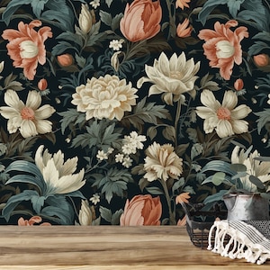 Dark Floral Peel and Stick Wallpaper - Removable Colorful Flowers Wall Decal - Beautiful Botanical Garden Self Adhesive Wall Mural W143
