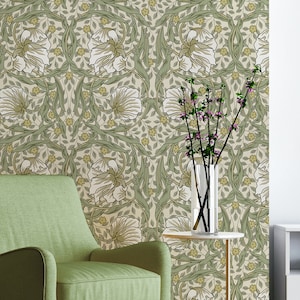 White Green Flower Leaf William Morris Vintage Peel & Stick Wallpaper - Antique Removable Retro Decal - Self Adhesive Victorian Style W083