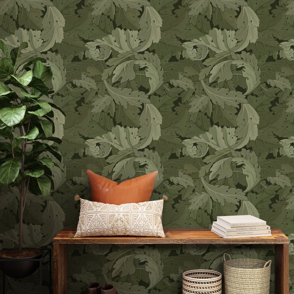 Dark Olive Acanthus Leaves William Morris Vintage Peel & Stick Wallpaper - Antique Removable Decal - Self Adhesive Victorian Style W117
