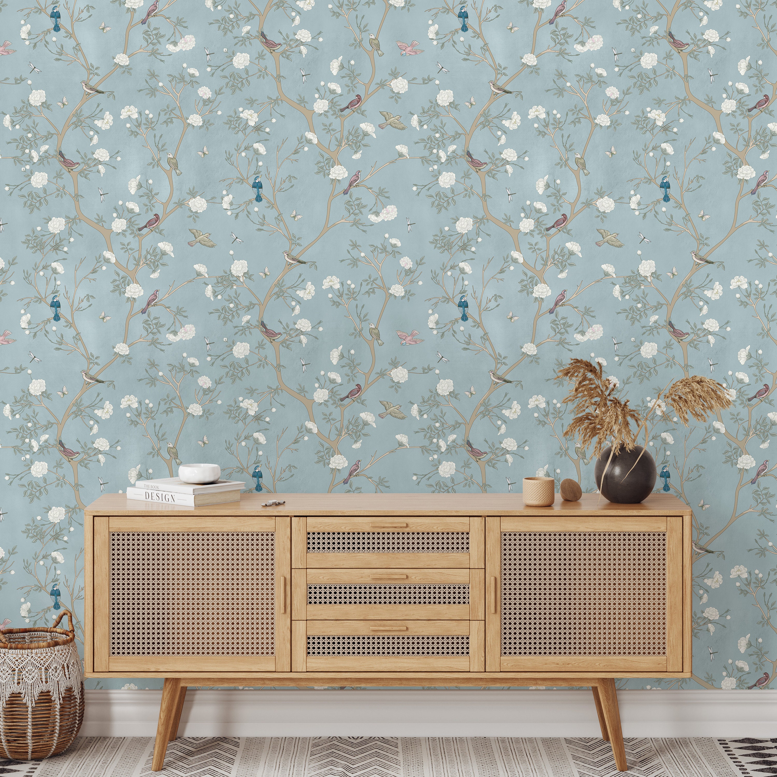 Blue Blossom Trees Birds Wallpaper - Chinoiserie Floral Retro Chinese ...