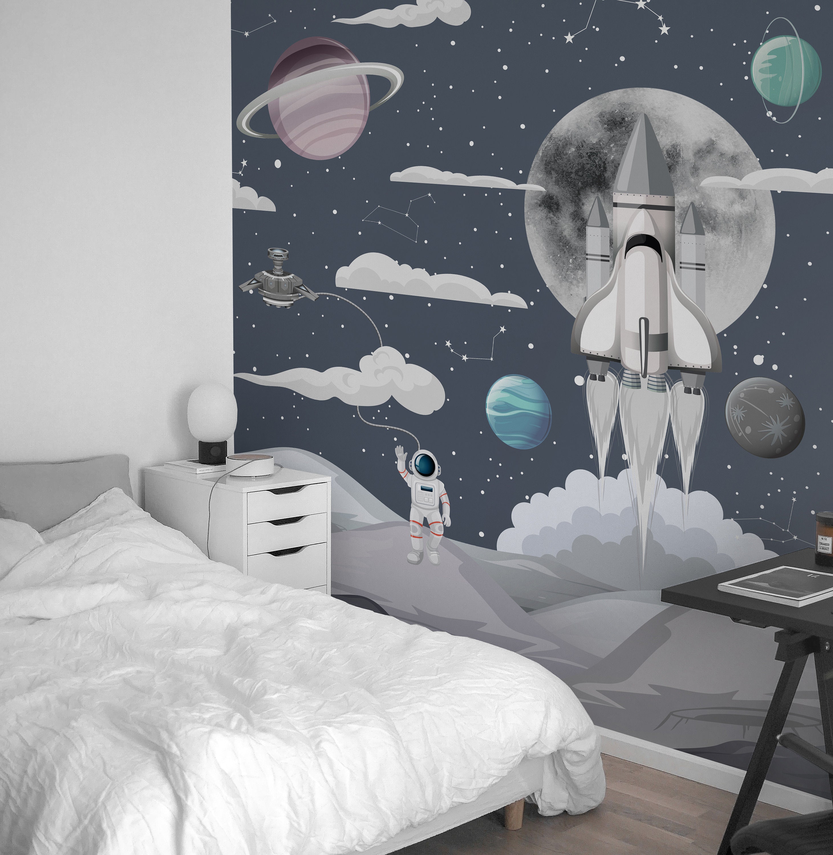 Space Rocket Ship Nursery Wall Mural - Planets Moon Kids Room Astronaut ...