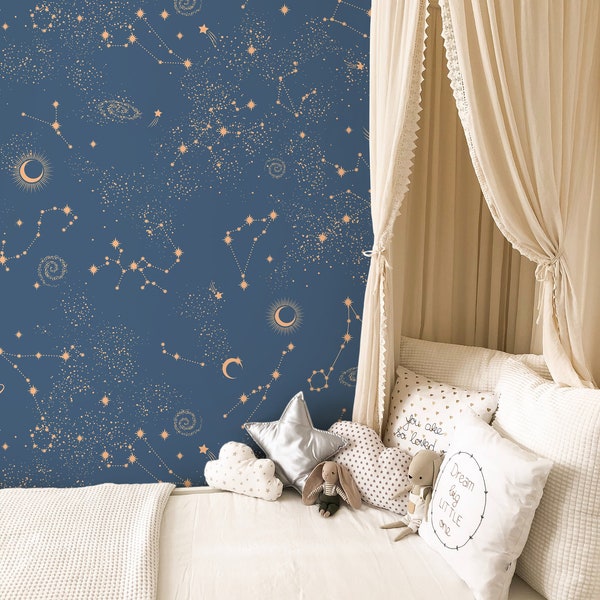 Blue Sky and Constellation Peel and Stick Wallpaper - Cosmos Starry Night Kids Nursery Room- Self Adhesive Removable Space Wall Decor W066