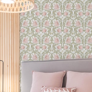 Light Pink Flower Green Leaf William Morris Peel & Stick Wallpaper - Antique Retro Removable Wallcover - Self Adhesive Victorian Style W166