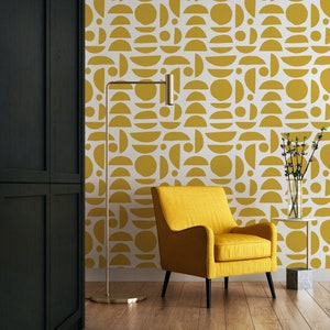 Abstract Mustard Color Stones Self Adhesive Wallpaper - Boho Yellow Peel and Stick Wall Mural Decor - Removable Scandinavian Wall Decal W030