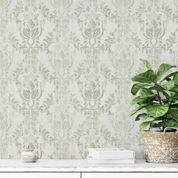 Royal Victorian Light Green Rococo Peel & Stick Wallpaper - Vintage Antique Removable Decal - Self Adhesive Damask Style W100