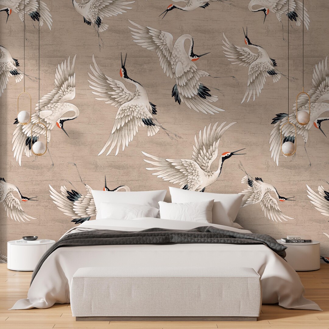Flying Japanese Cranes Wall Mural - Beige Heron Bird Print Peel and ...
