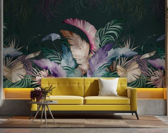Colorful Dark Tropical Banana Leaves Removable Mural - Palm Leaf Peel and Stick Jungle Wall Decal - Self Adhesive Green Pink Wallpaper WM024