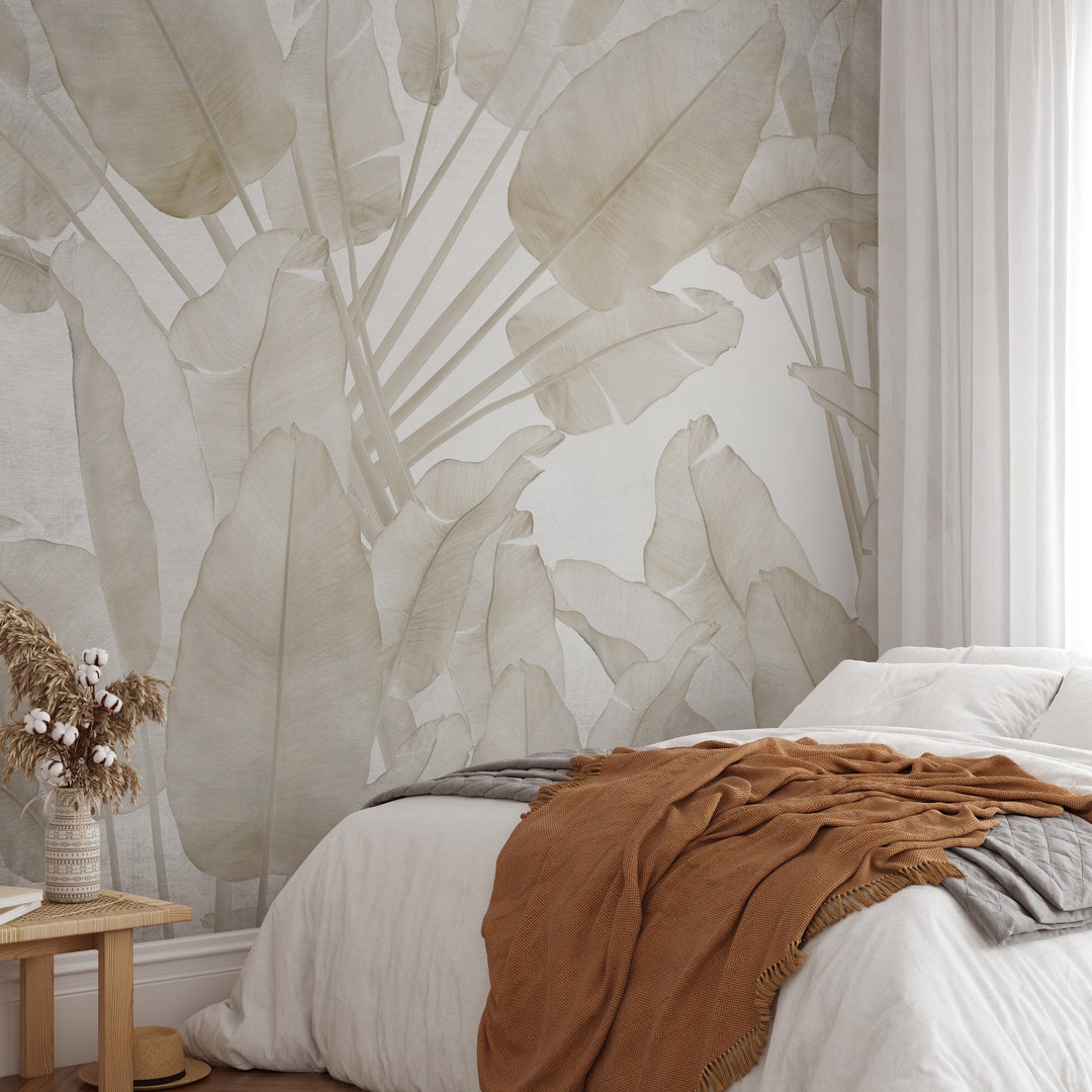 Beige Palm Banana Leaves Wall Mural - Neutral Tropical Monstera ...