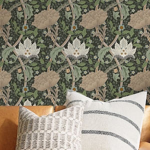 Dark Green Beige Flower Garden William Morris Vintage Peel & Stick Wallpaper - Antique Removable Decal - Self Adhesive Victorian Style W097