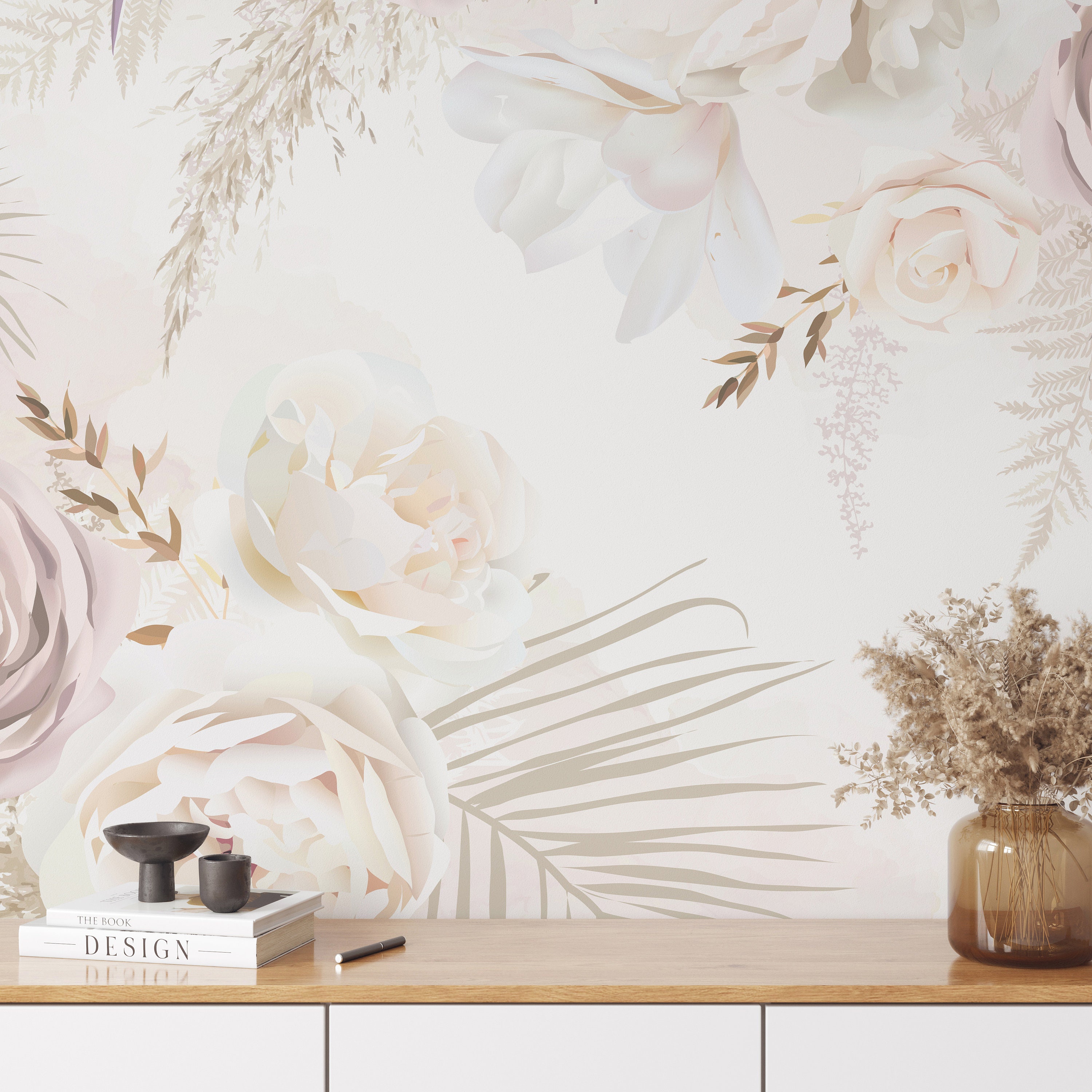 Blush Neutral Floral Wall Mural - White Pink Roses Peony Wallpaper ...