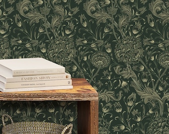 Dark Green Garden Flower William Morris Peel & Stick Wallpaper - Antique Removable Botanical Decal - Self Adhesive Victorian Style W113