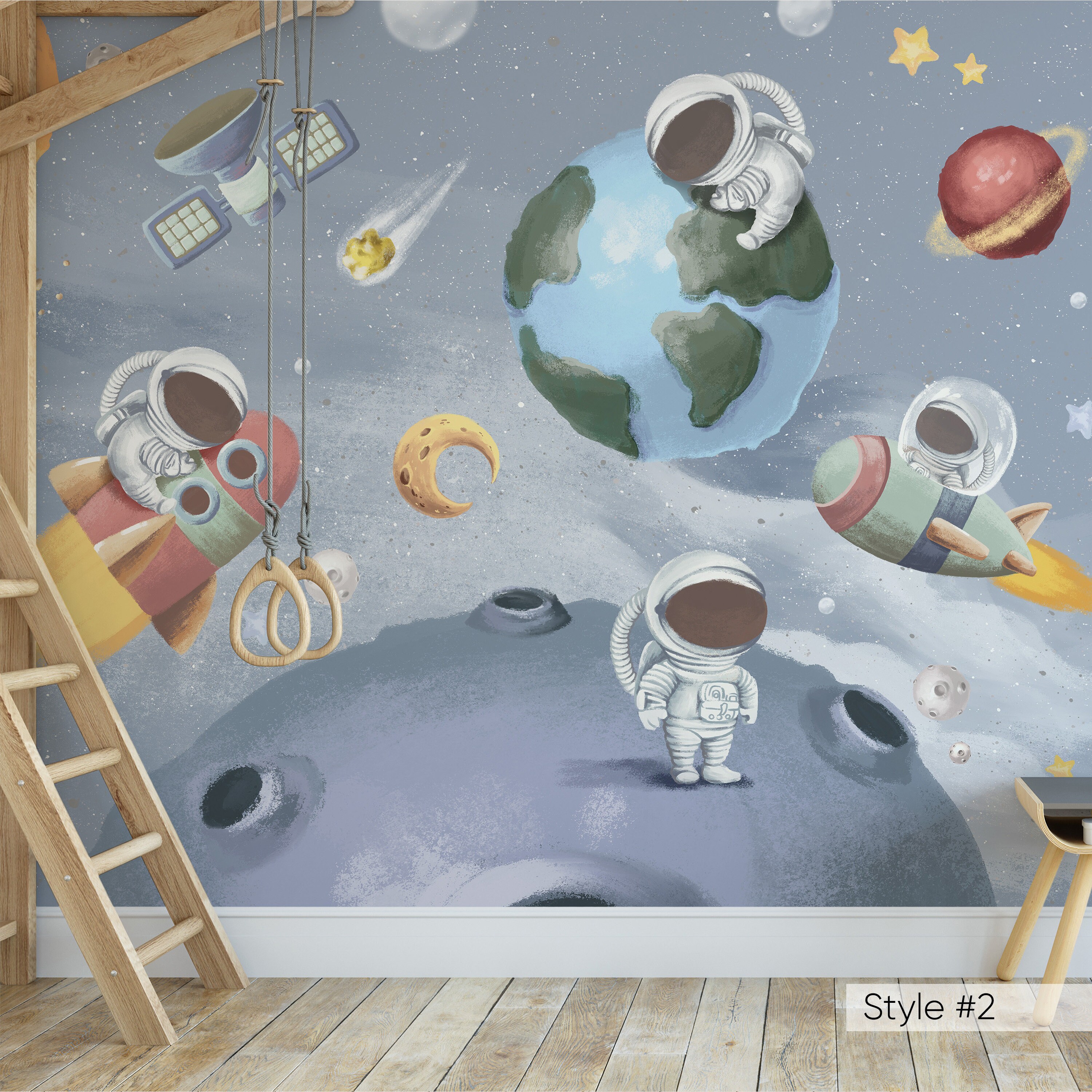 Space Planets Astronauts Nursery Wall Mural - Gray Blue Rocket Peel and ...