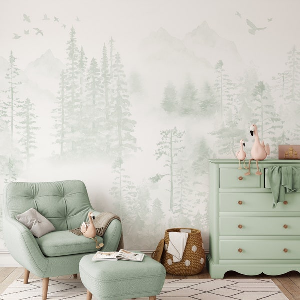 Soft Watercolor Woodland Peel and Stick Wall Mural - Fairy Pine Tree Kids Nursery Removable Decal - Self Adhesive Forest Wallpaper WM049