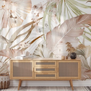 Tropical Banana Leaves Removable Boho Mural - Pastel Palm Leaf Peel and Stick Jungle Wall Decal - Self Adhesive Beige Green Wallpaper WM022