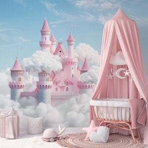 Pink Fantasy Castle Peel and Stick Wall Mural - Fairy Tale Fortress Removable Decal - Mystic Towering Turrets Self Adhesive Wallpaper WM091