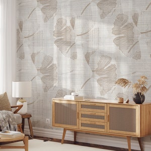 Beige Flowers Peel & Stick Wall Mural - Neutral Botanical Pattern Self Adhesive Decal  - Floral Retro Vintage Removable Wallpaper WM082