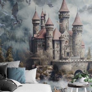 Fantasy Magic Castle Peel and Stick Wall Mural - Fairy Tale Fortress Removable Decal - Mystic Towering Turrets Self Adhesive Wallpaper WM090