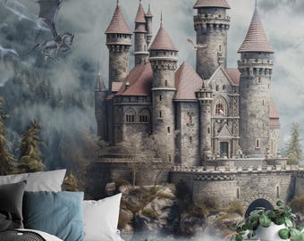 Fantasy Magical Castle Wall Mural - Dragon Fairy Tale Knight Kingdom Wallpaper WM090