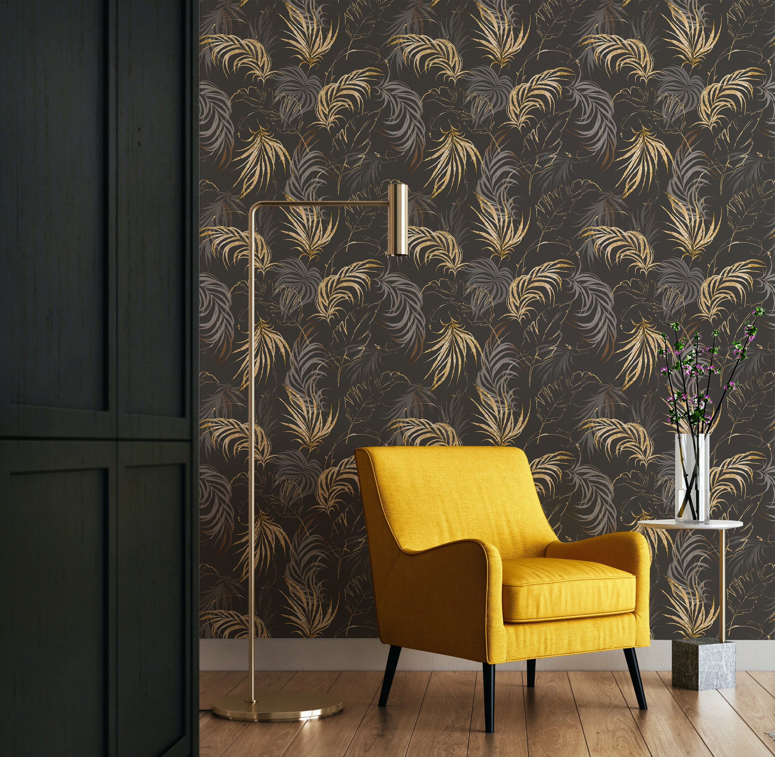 Dark Faux Gold Palm Leaf Wallpaper - Tropical Jungle Glam Leaves Wall ...