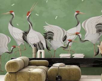 Green Japanese Cranes Wall Mural - Chinoiserie Heron Birds Wallpaper  - Modern Sage Green WM110