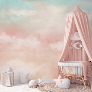 Mint & Pink Sky and Clouds Peel and Stick Wall Mural - Pastel Pattern Self Adhesive Decal - Nursery Kids Room Removable Wallpaper WM089