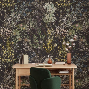 Yellow Blue Wildflowers Removable Wallpaper - Botanical Garden Dark Background Peel and Stick Decal - Self Adhesive Boho Wall Mural W053