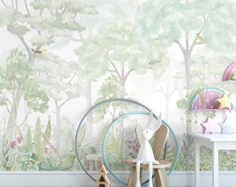 Green Watercolor Forest Peel and Stick Wall Mural - Fairy Trees Kids Nursery Removable Decal - Self Adhesive Soft Woodland Wallpaper WM088