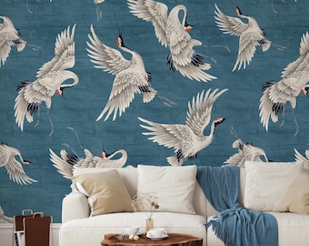 Flying Blue Japanese Cranes Wall Mural - Heron Bird Print Peel and Stick Wallpaper  WM116
