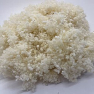 May include: A close-up of a pile of white wool fibres. The fibres are soft and fluffy, and they are perfect for crafting or filling pillows.