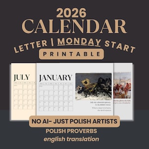 2026 PDF Calendar•Monthly Printable Letter Size Digital Planner•Monday First Fine Art Schedule•Download Polish Proverbs & Classic Painting