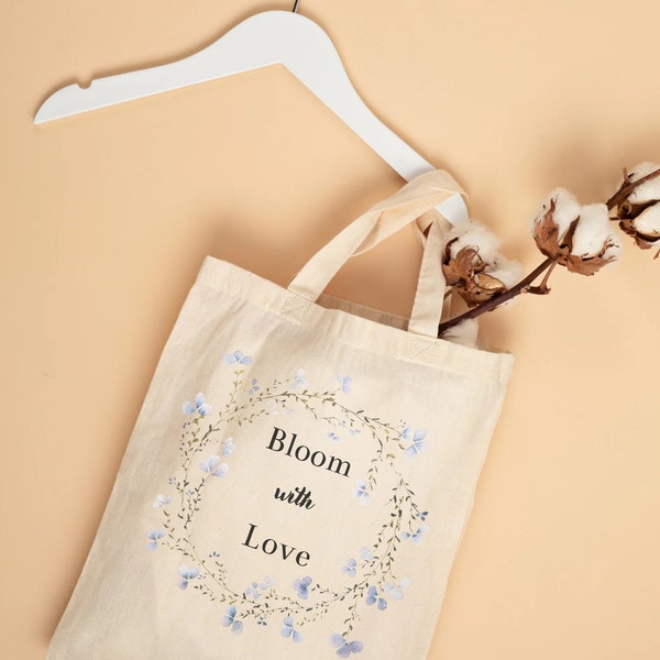 Bloom with Love Cute Tote Bag, Subtle Flower Wreath Design Totebag, Inspirational Quote Floral Graphic Design, Delicate Flowers Art Handbag