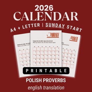 Puede incluir: Calendario imprimible de 2026 con proverbios polacos y traducciones al inglés. El calendario tiene inicio en domingo, tamaños A4 y Carta, e incluye páginas de enero y marzo. Diseño blanco con detalles en rojo.