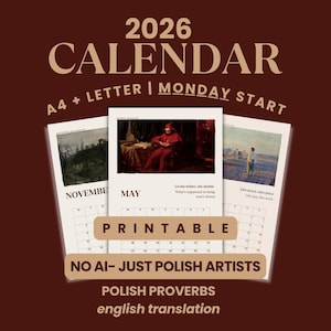 Calendario digital polaco 2026 (inicio lunes), mensual vertical A4, tamaño carta, imprimible, con proverbios y arte polacos, descarga instantánea.