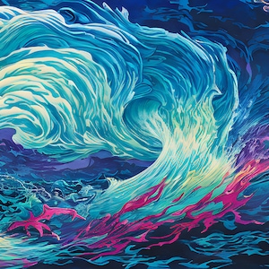 Könnte beinhalten: Abstrakte Malerei einer großen blauen Welle, die in einem dunkelblauen Ozean zerbricht. Die Welle ist in Blautönen, Grün- und Gelbtönen gemalt, mit einem Hauch von Rosa und Lila. Der Ozean ist in Blautönen und Schwarz gemalt.