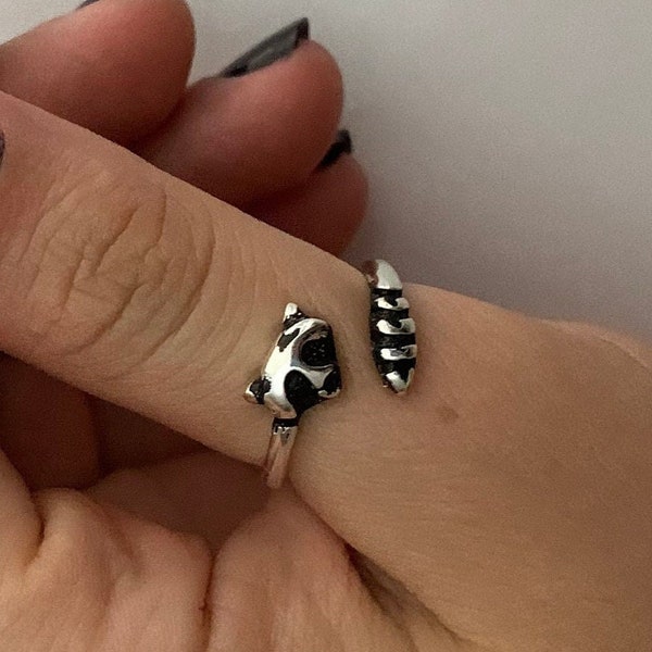 Silber Waschbär Ring, Tier verstellbar Boho Daumen Ring, Geschenk für Frauen, Kinderring einfach anzuziehen, Mädchen Geburtstag Ring Geschenk, Weihnachtsgeschenk